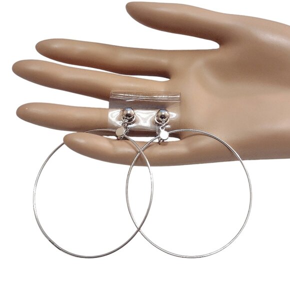 2 3/4" Thin Ring Long Hoops Clip On Earrings Silver Tone Vintage Extra Large - Picture 1 of 4